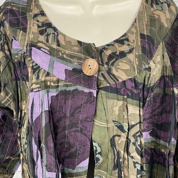 NWT Tantrums Green & Purple Rose Pleated Wood Buttoned 3/4 Sleeve Blouse Size 1X - Picture 5 of 14